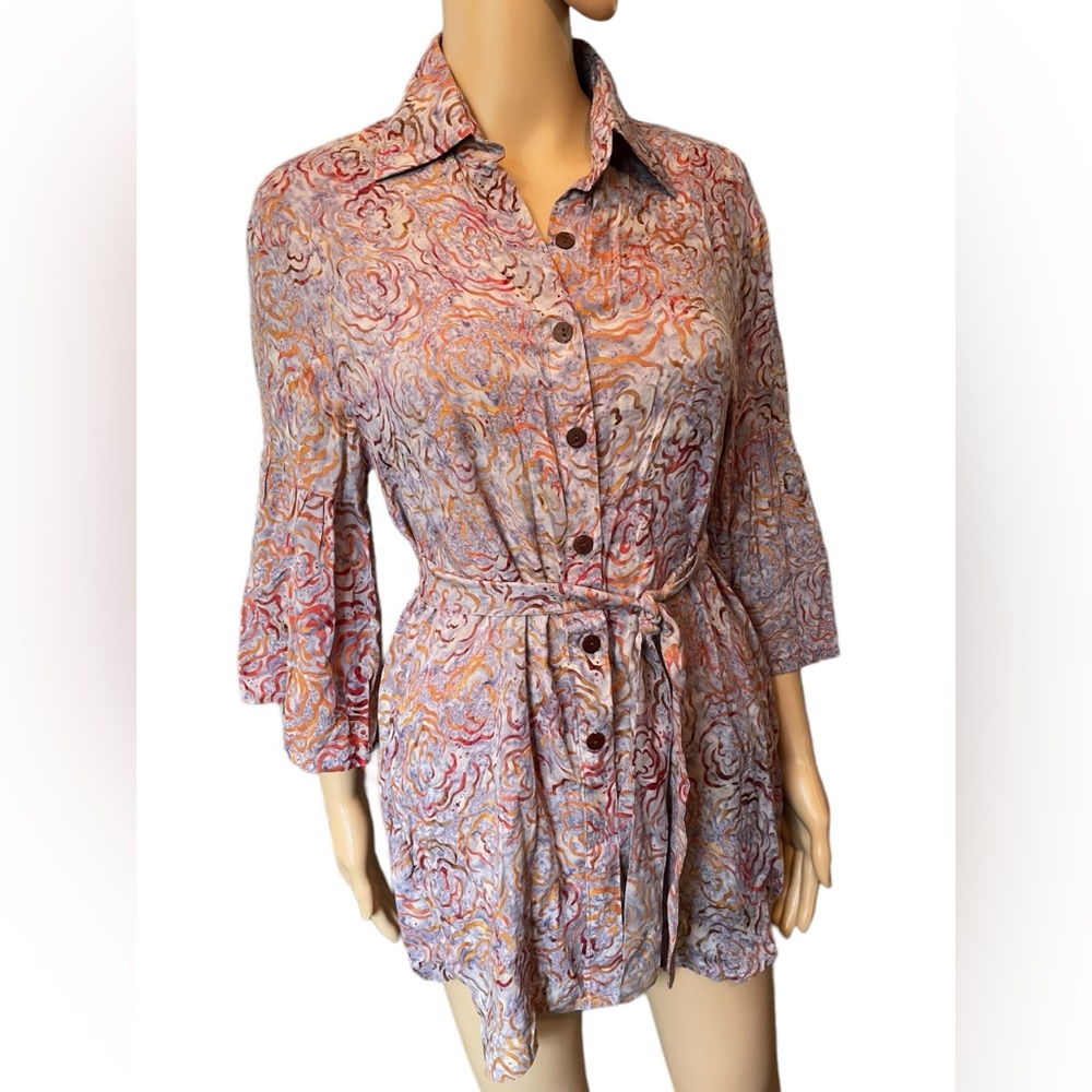 Go Fish Hippie Boho Psychedelic Stoner Tie Dye Button Up High Low Tunic Top